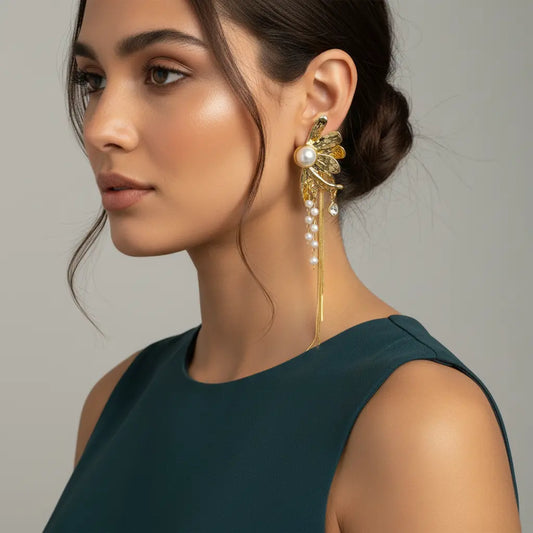Pearl Tassel Floral Drop Earrings