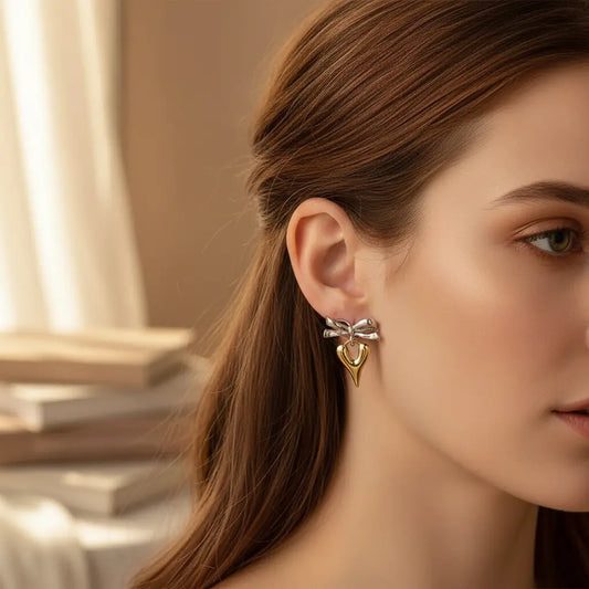 Silver Bow Gold Heart Earrings