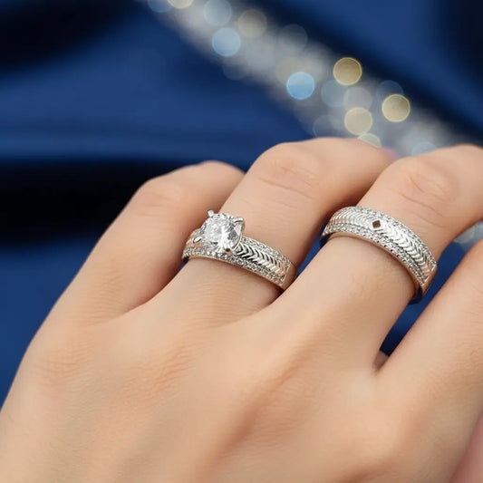 Solitaire and Crystal Wave Ring Set
