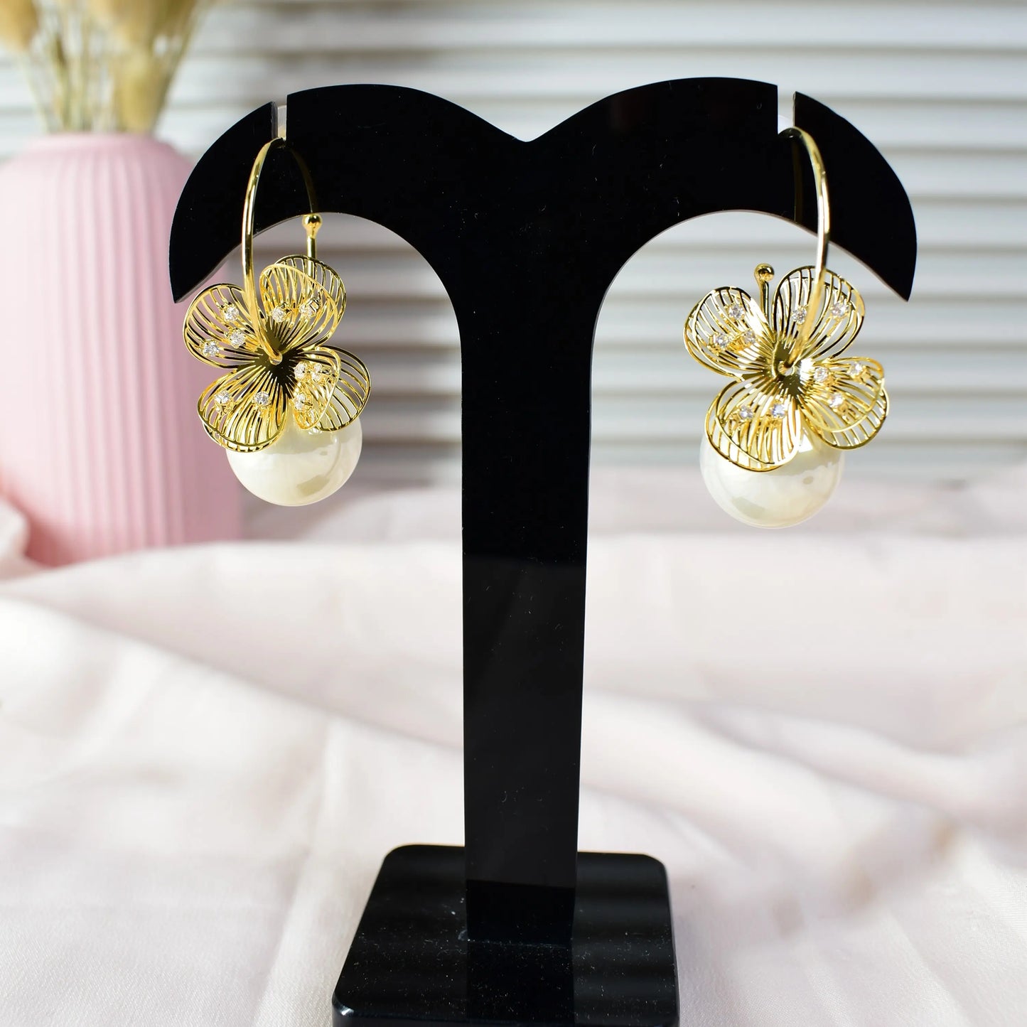 Golden Blossom Pearl Hoop Earrings