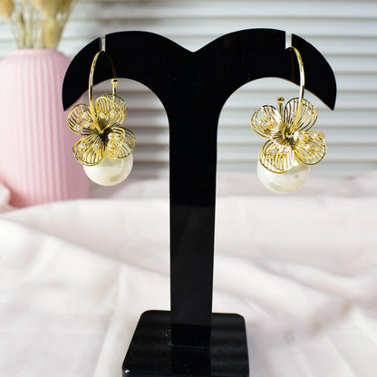 Golden Blossom Pearl Hoop Earrings