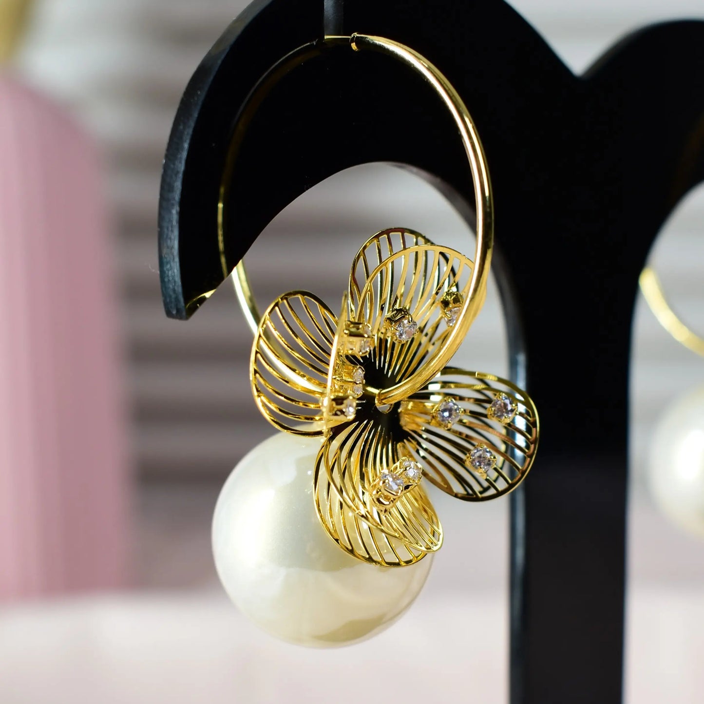 Golden Blossom Pearl Hoop Earrings