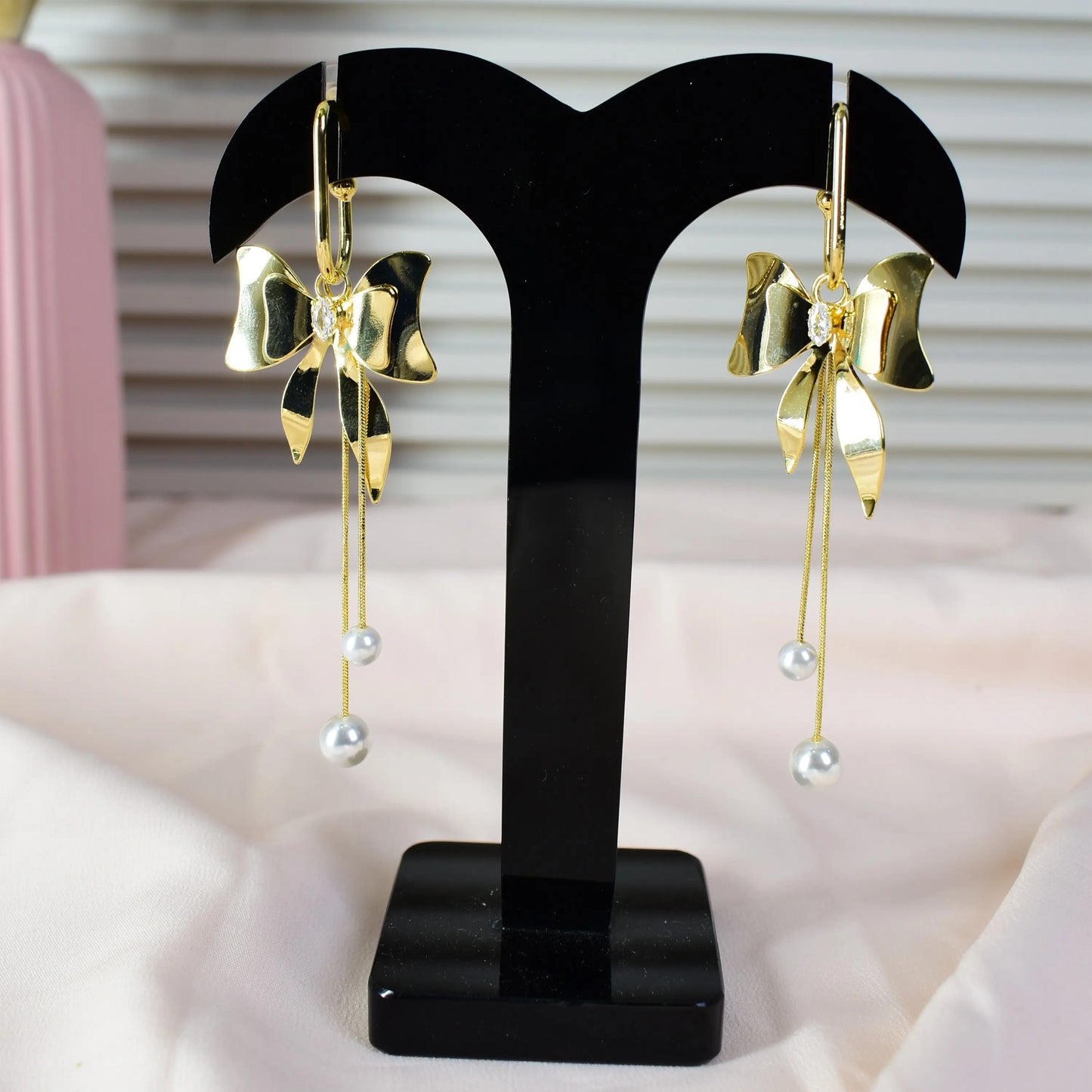 Golden Bow Pearl Drop Earrings