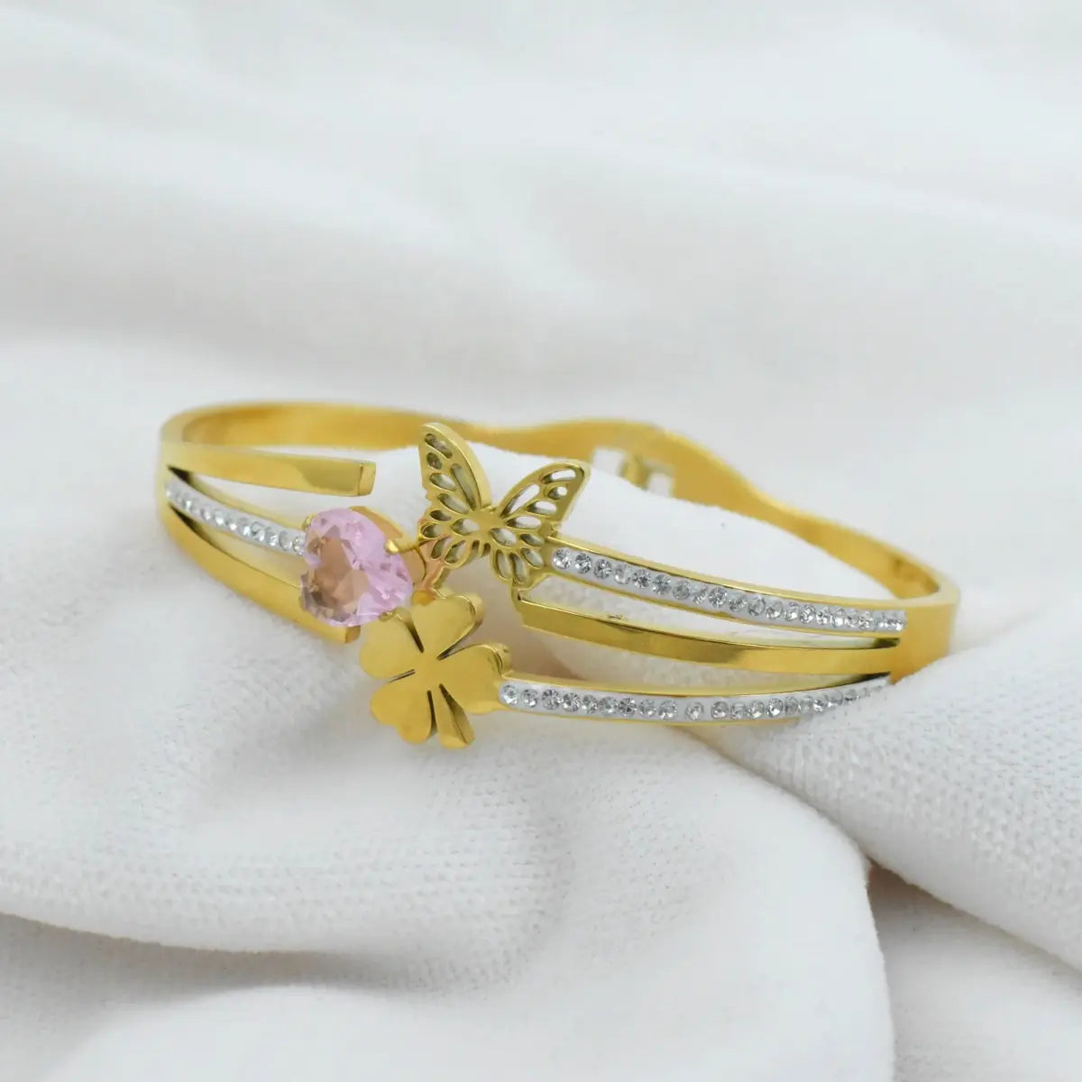 Gold Butterfly and Pink Crystal Charm Bangle