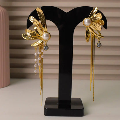 Pearl Tassel Floral Drop Earrings