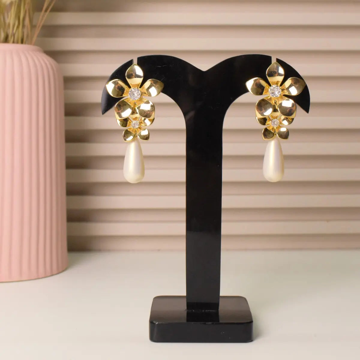 Gold Floral Pearl Drop Earrings