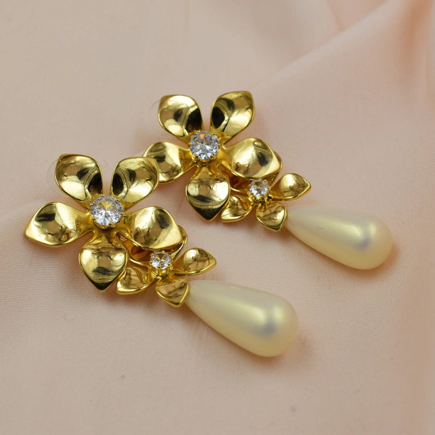 Gold Floral Pearl Drop Earrings