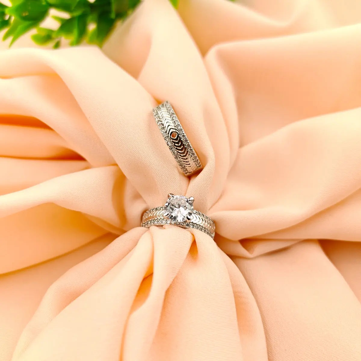 Solitaire and Crystal Wave Ring Set