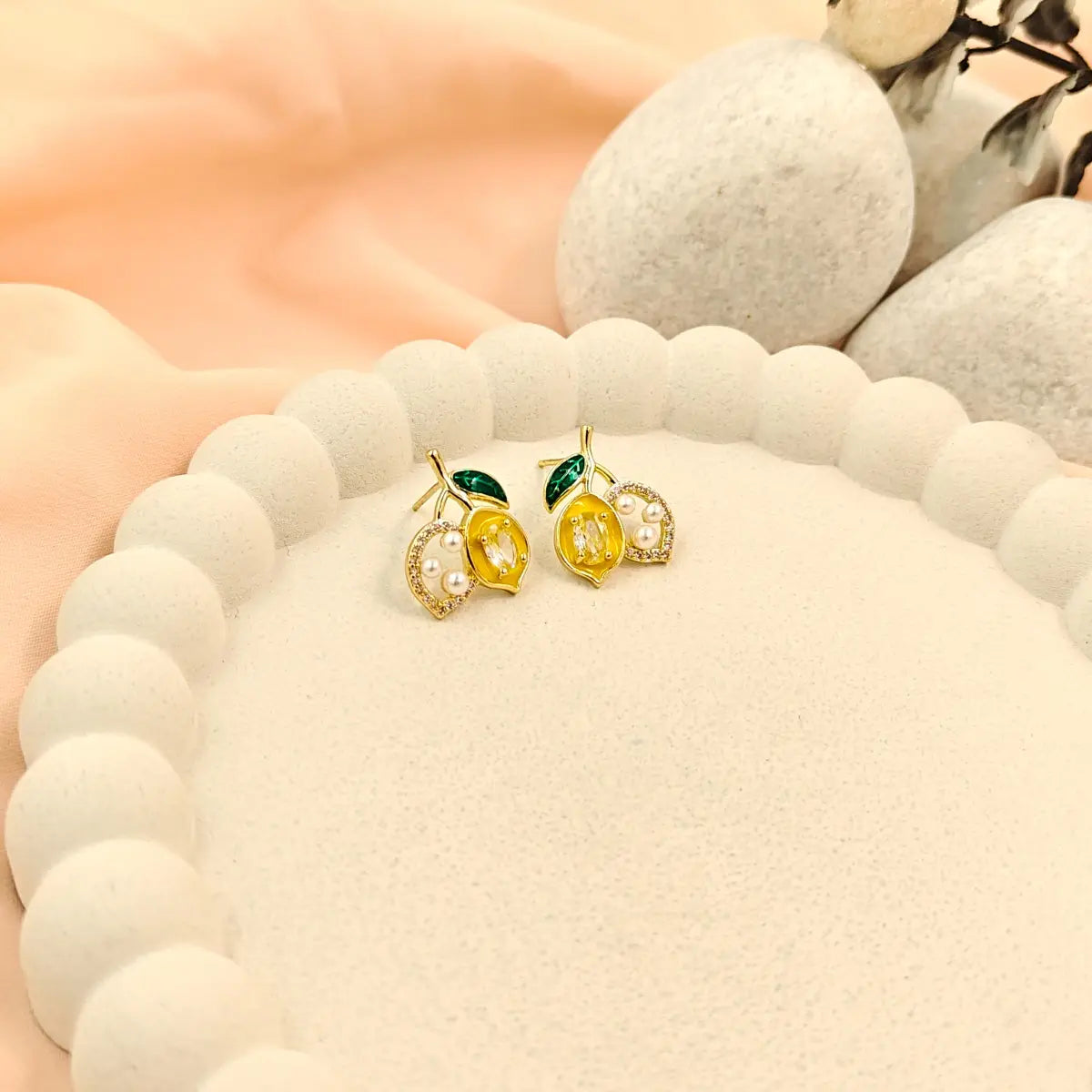 Crystal Lemon Pearl Stud Earrings