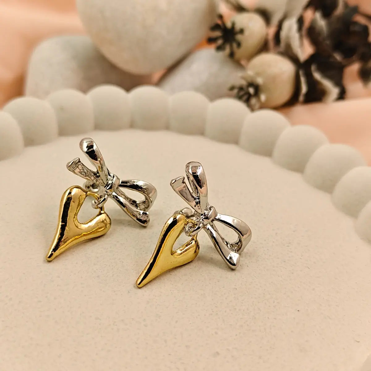 Silver Bow Gold Heart Earrings
