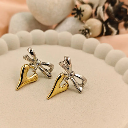 Silver Bow Gold Heart Earrings
