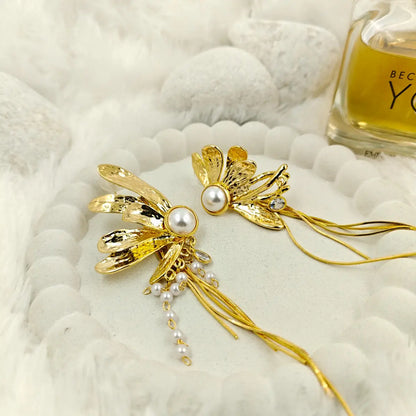 Pearl Tassel Floral Drop Earrings