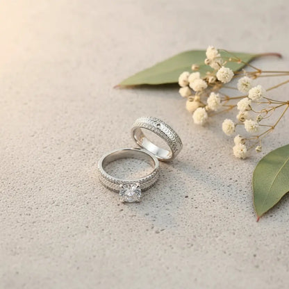 Solitaire and Crystal Wave Ring Set