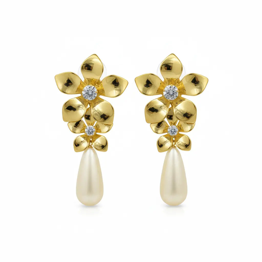 Gold Floral Pearl Drop Earrings