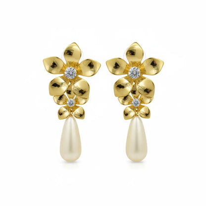 Gold Floral Pearl Drop Earrings