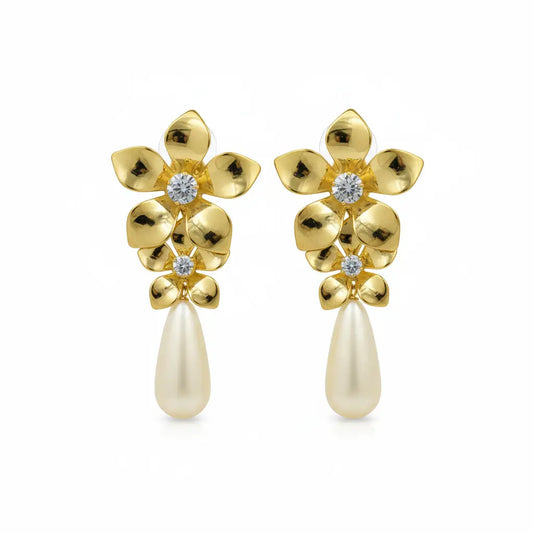 Gold Floral Pearl Drop Earrings