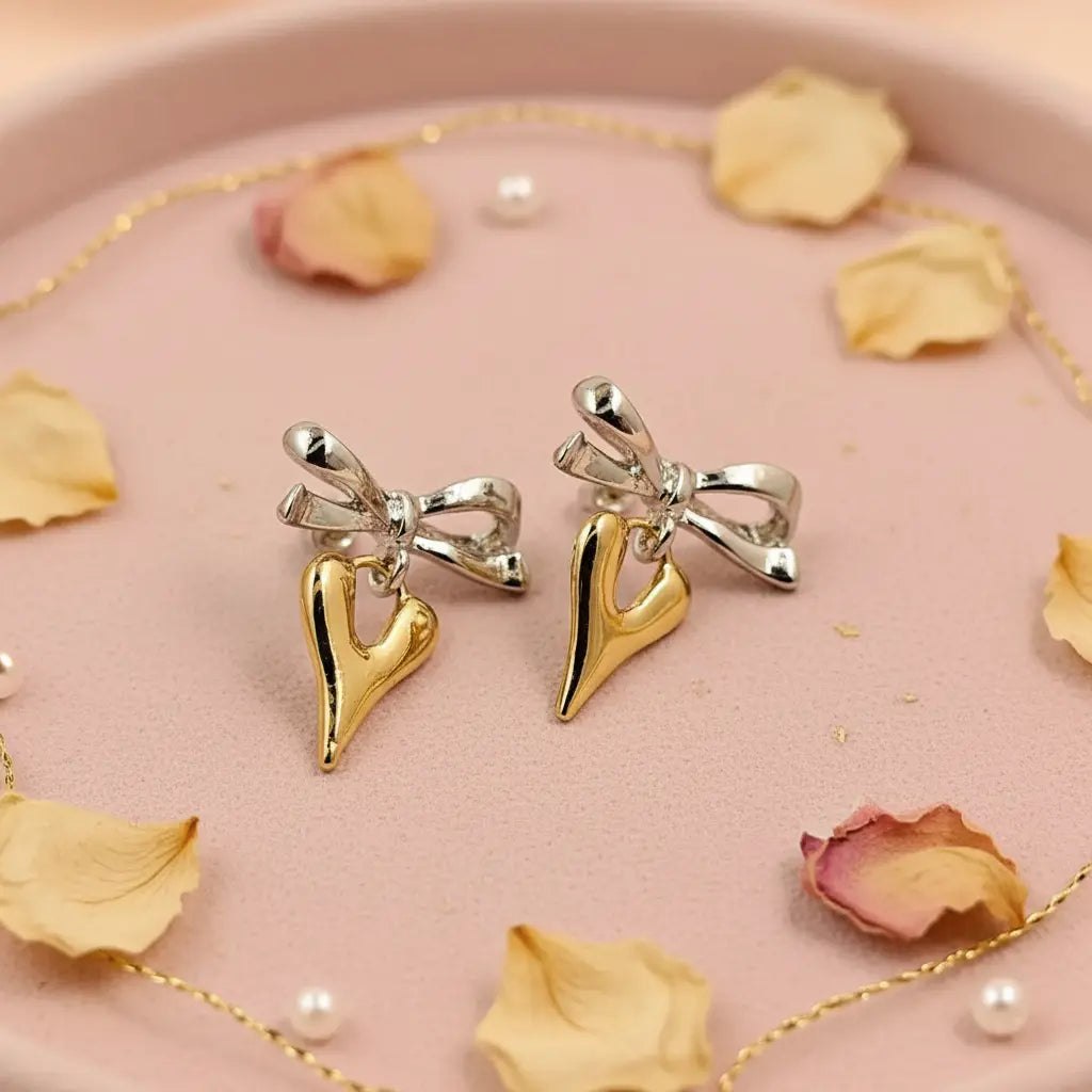 Silver Bow Gold Heart Earrings