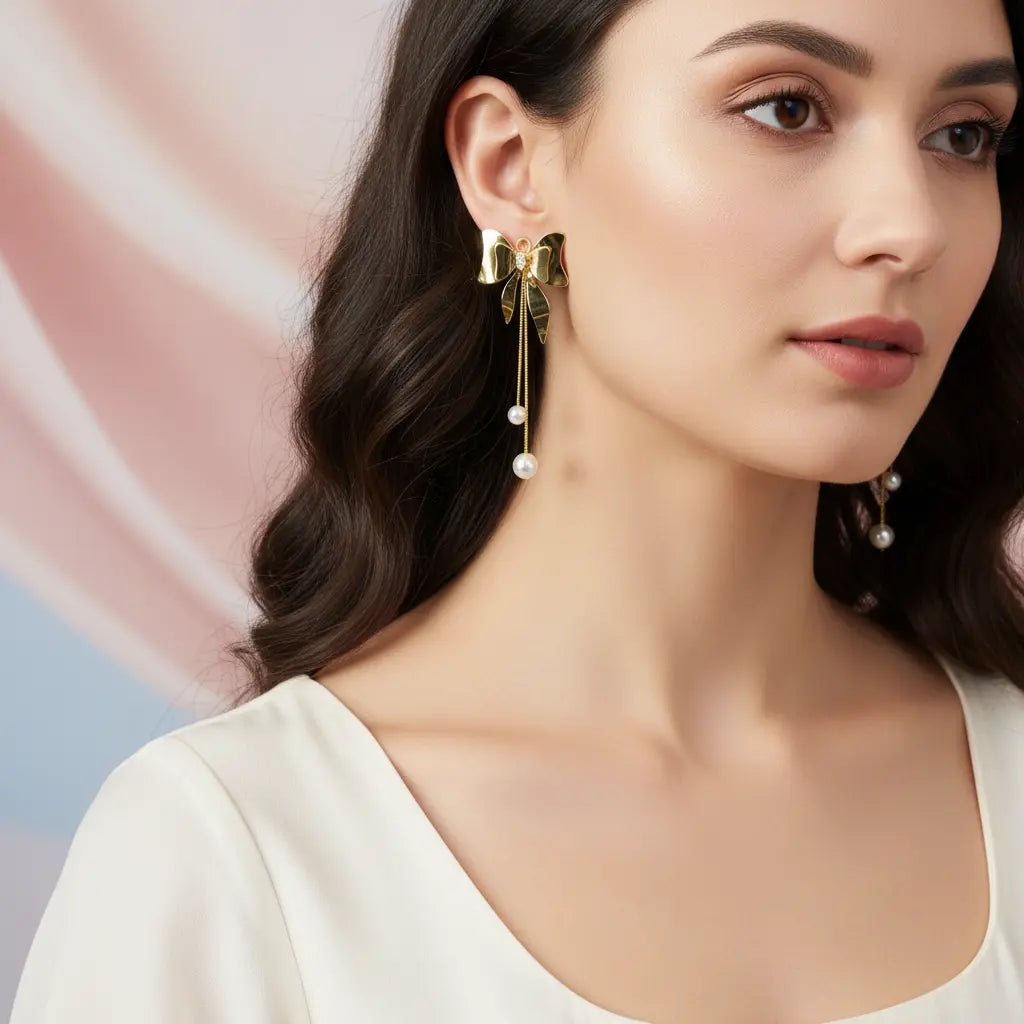 Golden Bow Pearl Drop Earrings