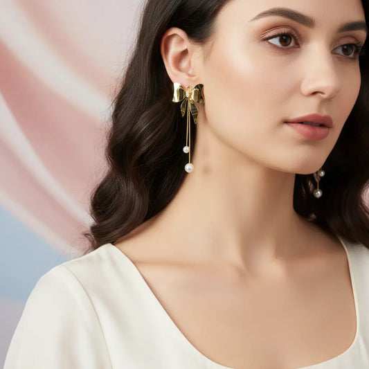 Golden Bow Pearl Drop Earrings