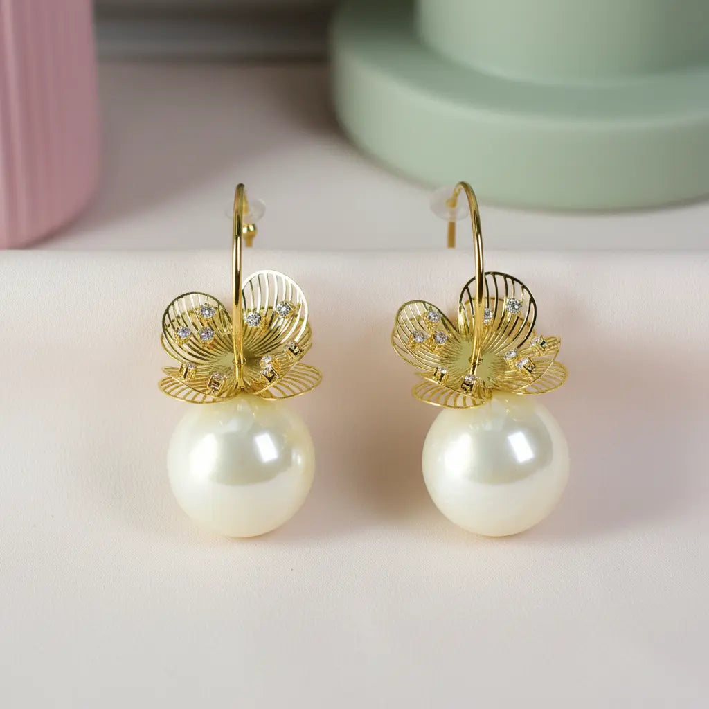 Golden Blossom Pearl Hoop Earrings