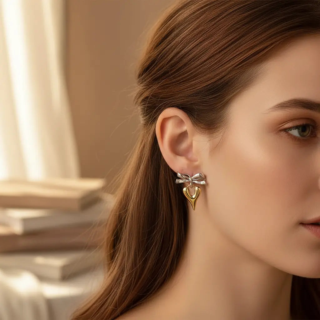Silver Bow Gold Heart Earrings