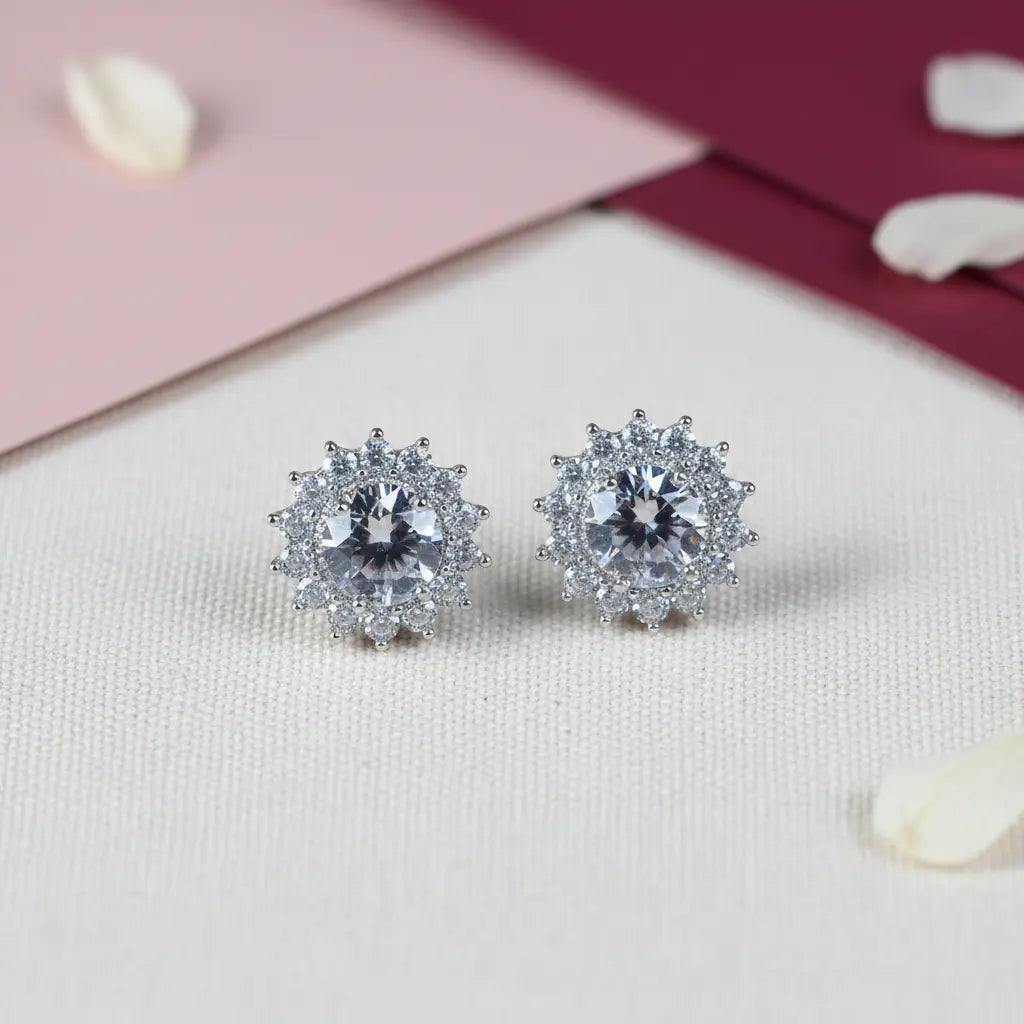 Radiant Halo Zirconia Stud Earrings