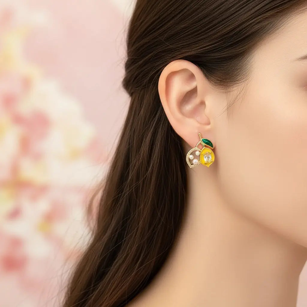 Crystal Lemon Pearl Stud Earrings