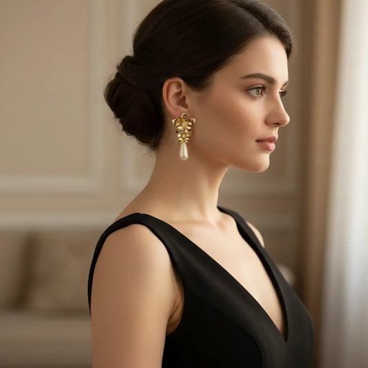 Gold Floral Pearl Drop Earrings