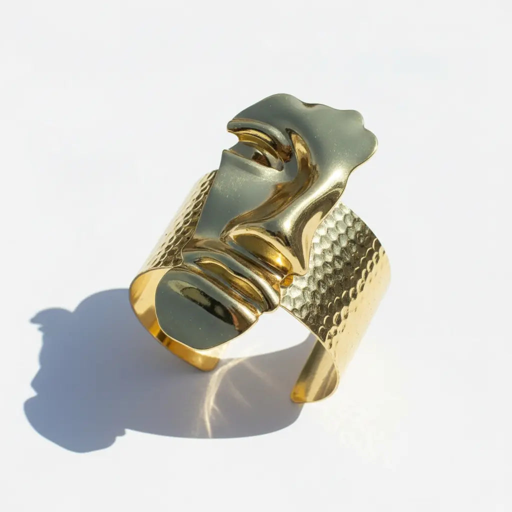 Gold Abstract Face Hammered Cuff