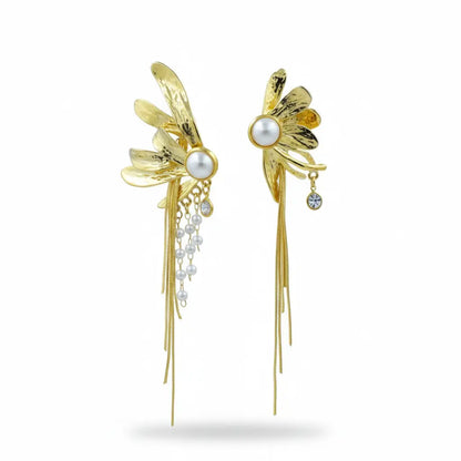 Pearl Tassel Floral Drop Earrings