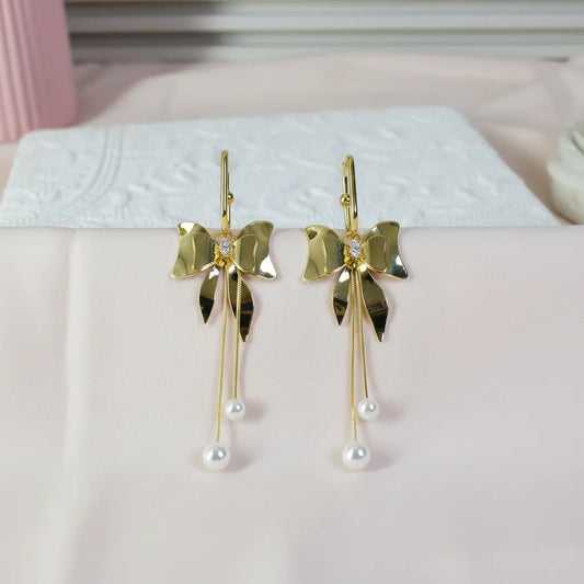 Golden Bow Pearl Drop Earrings