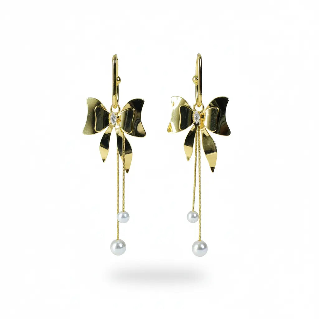 Golden Bow Pearl Drop Earrings