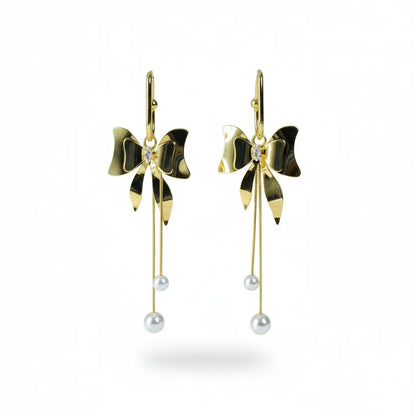 Golden Bow Pearl Drop Earrings