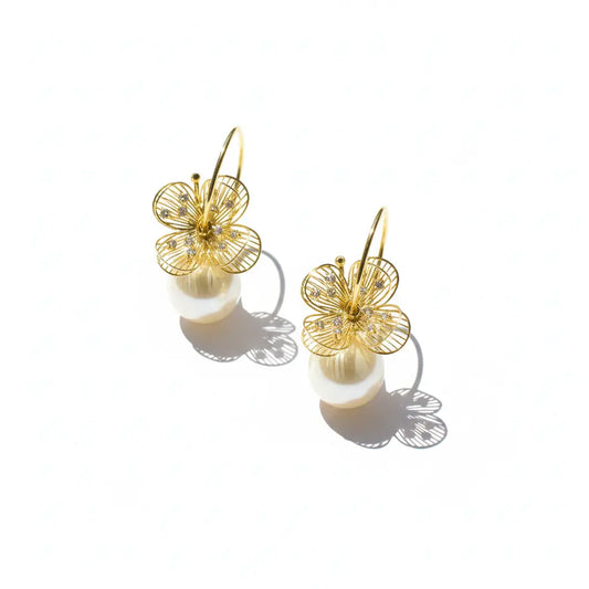 Golden Blossom Pearl Hoop Earrings