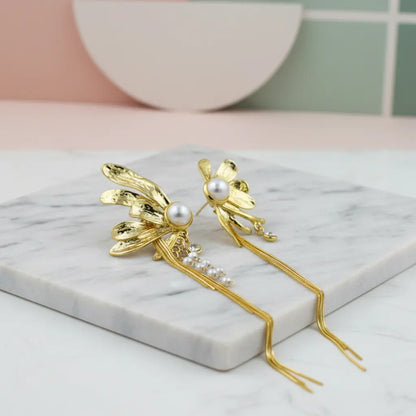 Pearl Tassel Floral Drop Earrings