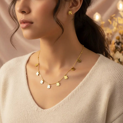 Gold Clover Charm Necklace Set