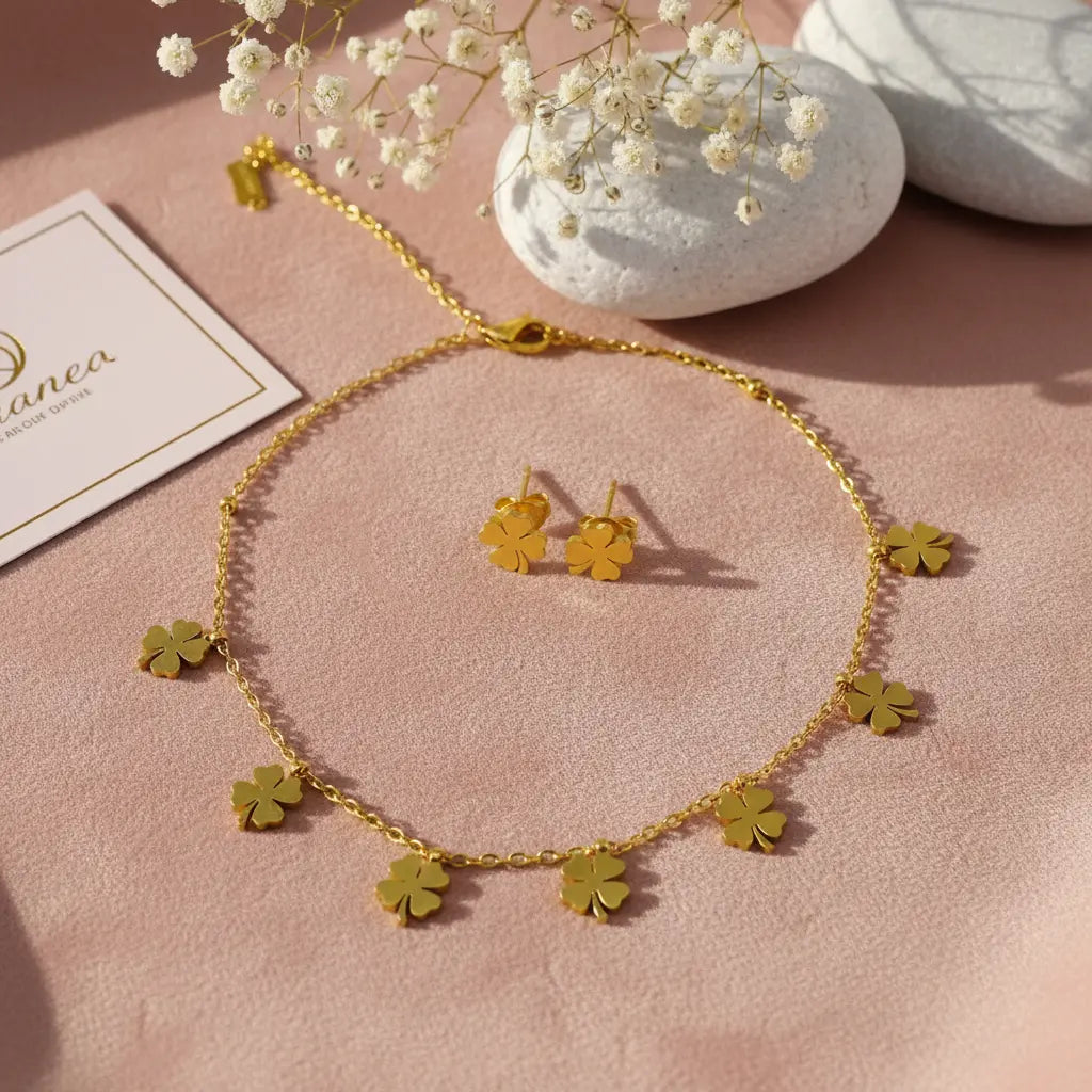 Gold Clover Charm Necklace Set