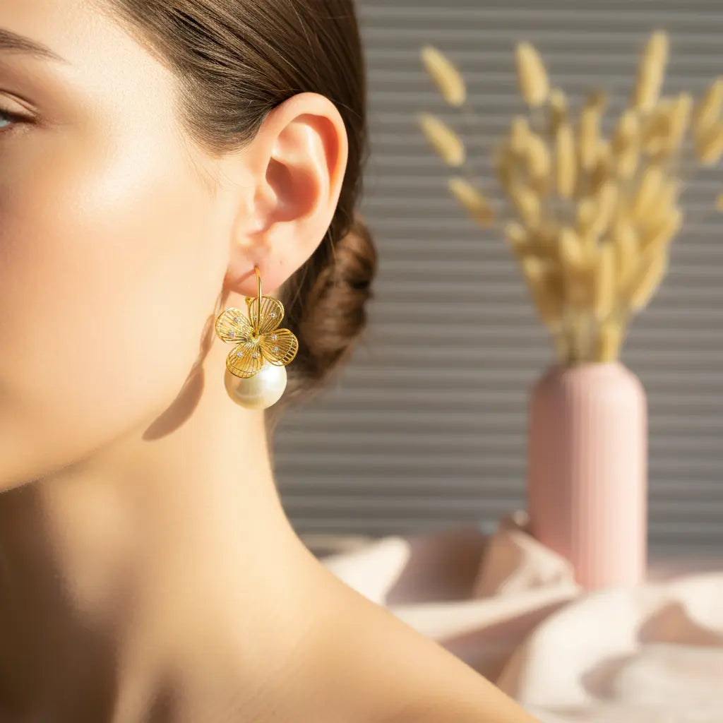 Golden Blossom Pearl Hoop Earrings