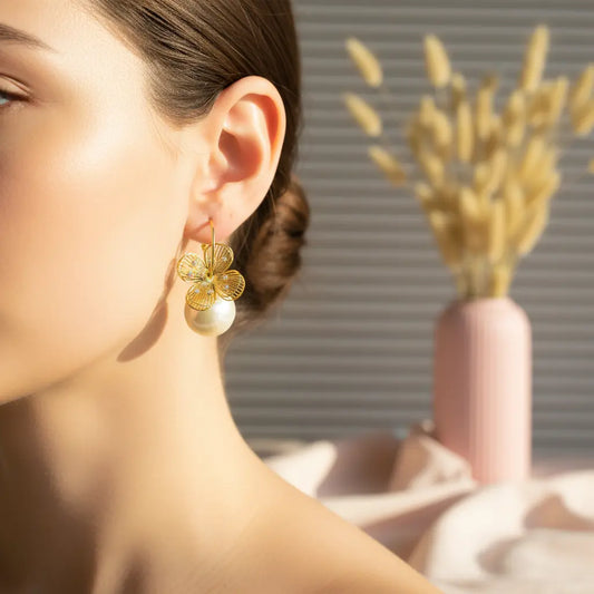 Golden Blossom Pearl Hoop Earrings