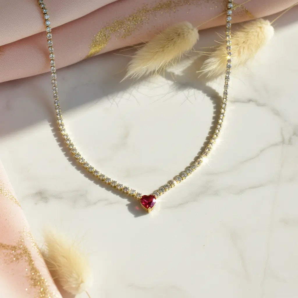 Ruby Heart Tennis Necklace