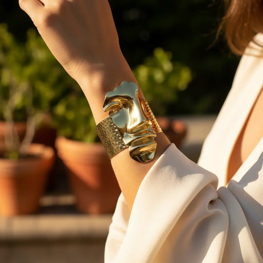Gold Abstract Face Hammered Cuff
