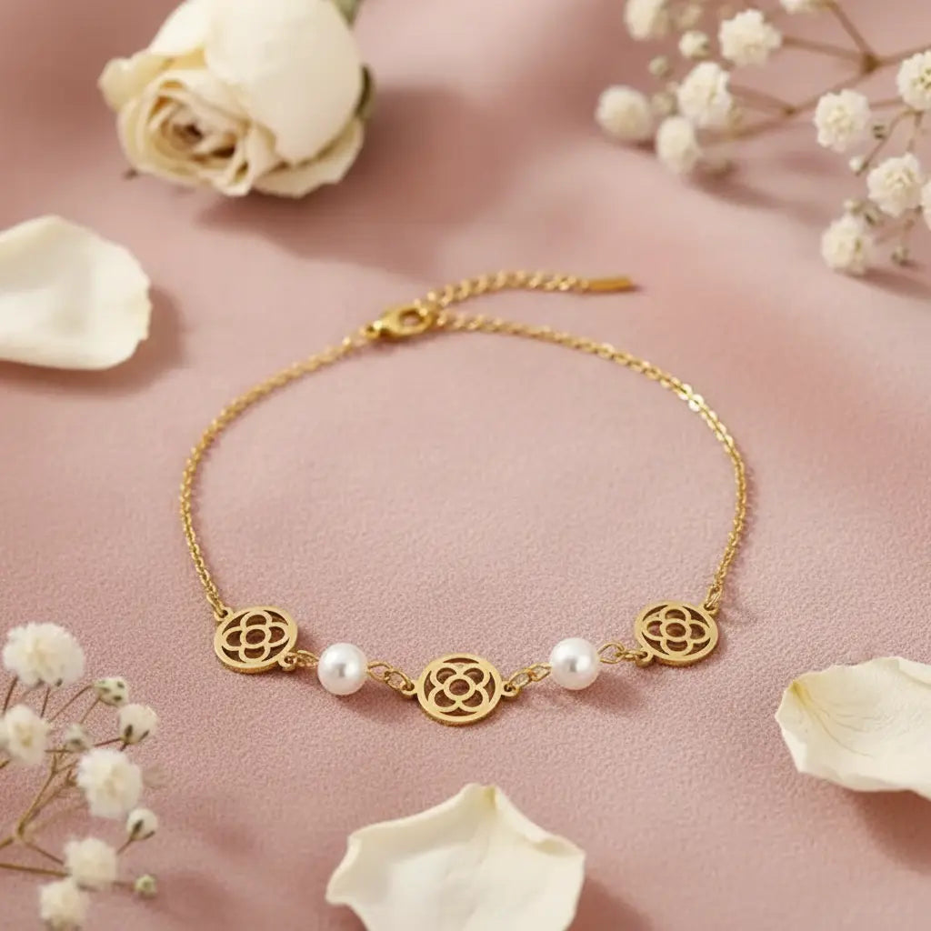 Gold Floral and Pearl Bracelet