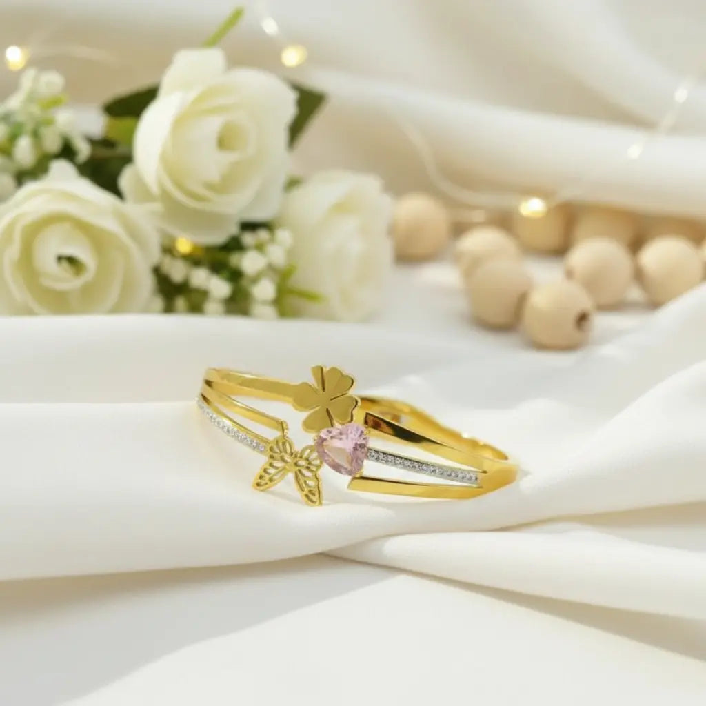 Gold Butterfly and Pink Crystal Charm Bangle