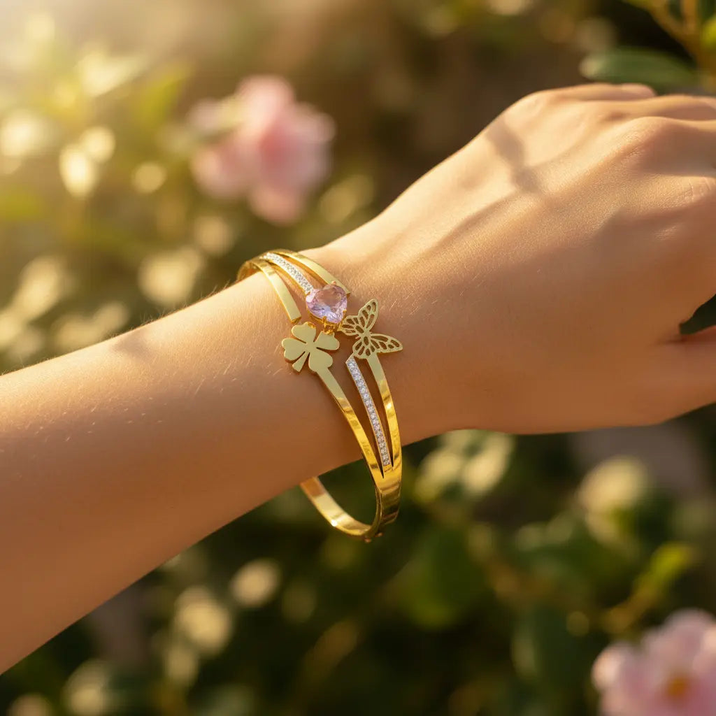 Gold Butterfly and Pink Crystal Charm Bangle