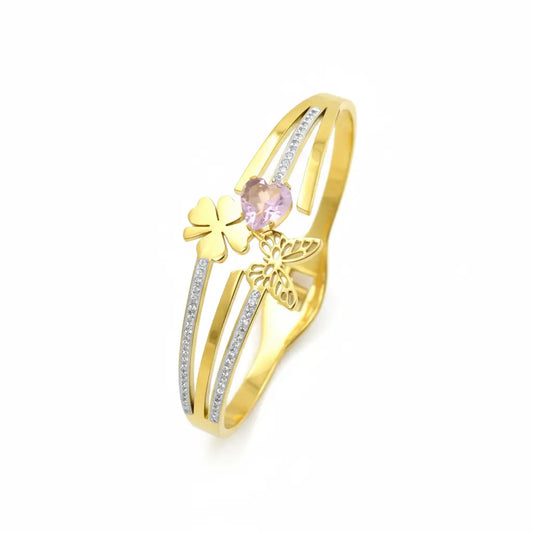 Gold Butterfly and Pink Crystal Charm Bangle