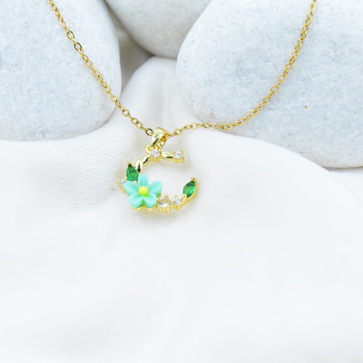 Green Floral Crescent Necklace