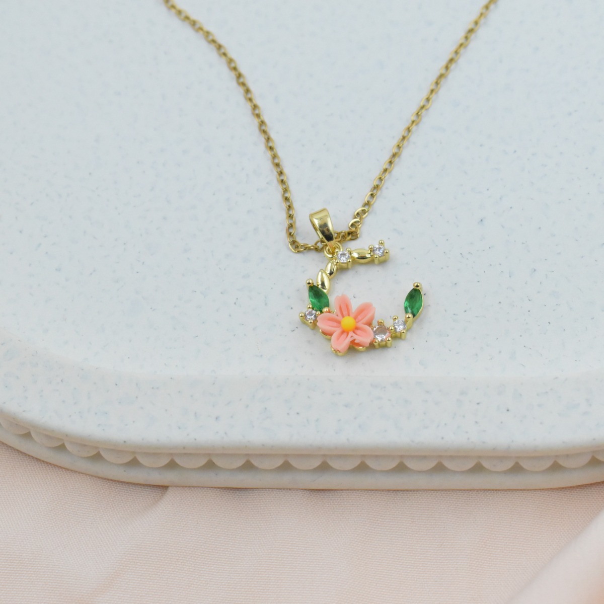 Pink Floral Crescent Necklace