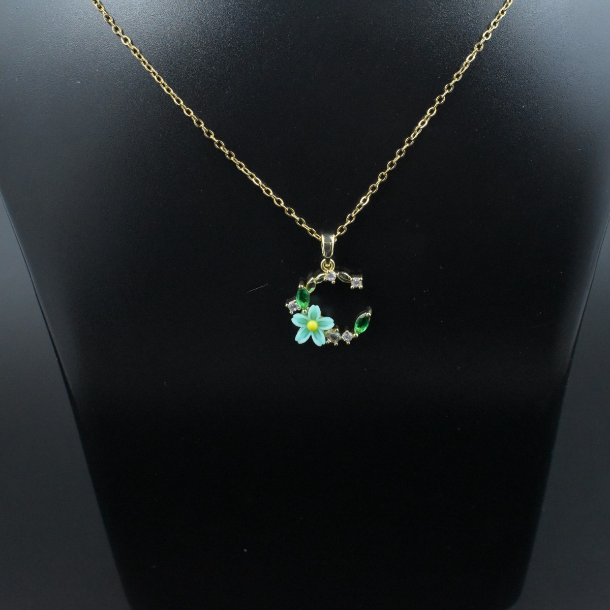 Green Floral Crescent Necklace - Hover