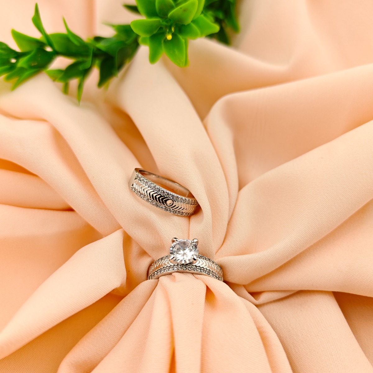 Solitaire & Crystal Wave Ring Set