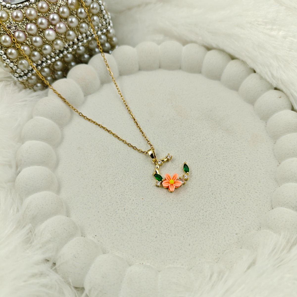 Pink Floral Crescent Necklace - Hover